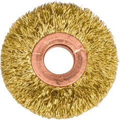 Weiler - 2" OD, 1/2" Arbor Hole, Crimped Brass Wheel Brush - 3/8" Face Width, 1/2" Trim Length, 0.0118" Filament Diam, 20,000 RPM - Americas Industrial Supply