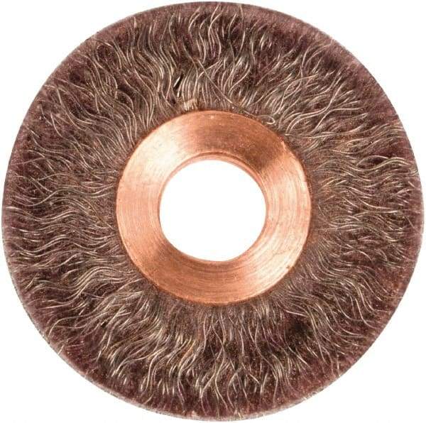 Weiler - 2" OD, 1/2" Arbor Hole, Crimped Steel Wheel Brush - 1/4" Face Width, 1/2" Trim Length, 0.0104" Filament Diam, 20,000 RPM - Americas Industrial Supply