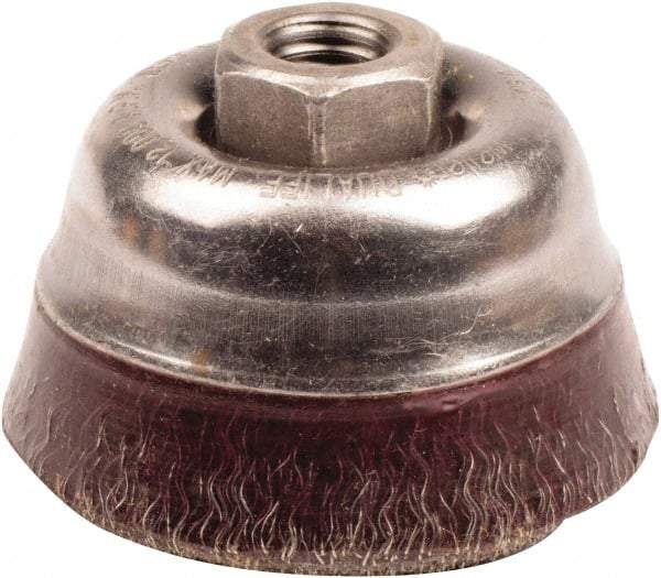 Weiler - 3-1/2" Diam, 5/8-11 Threaded Arbor, Steel Fill Cup Brush - 0.014 Wire Diam, 7/8" Trim Length, 12,000 Max RPM - Americas Industrial Supply