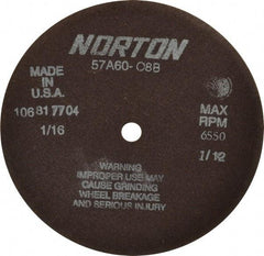 Norton - 7" 60 Grit Aluminum Oxide Cutoff Wheel - 1/16" Thick, 1/2" Arbor, 6,550 Max RPM, Use with Stationary Grinders - Americas Industrial Supply