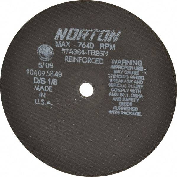 Norton - 8" 36 Grit Aluminum Oxide Cutoff Wheel - 1/8" Thick, 5/8" Arbor, 7,640 Max RPM, Use with Circular Saws - Americas Industrial Supply