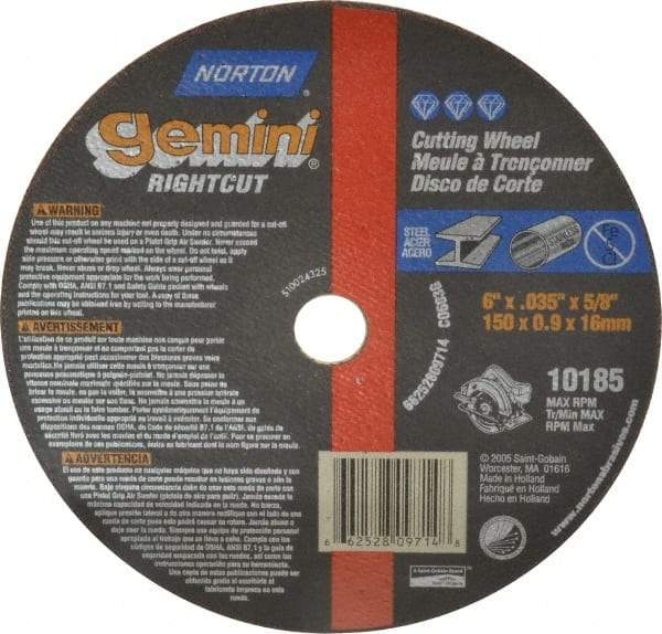 Norton - 6" 60 Grit Aluminum Oxide Cutoff Wheel - 0.035" Thick, 5/8" Arbor, 10,185 Max RPM, Use with Circular Saws - Americas Industrial Supply