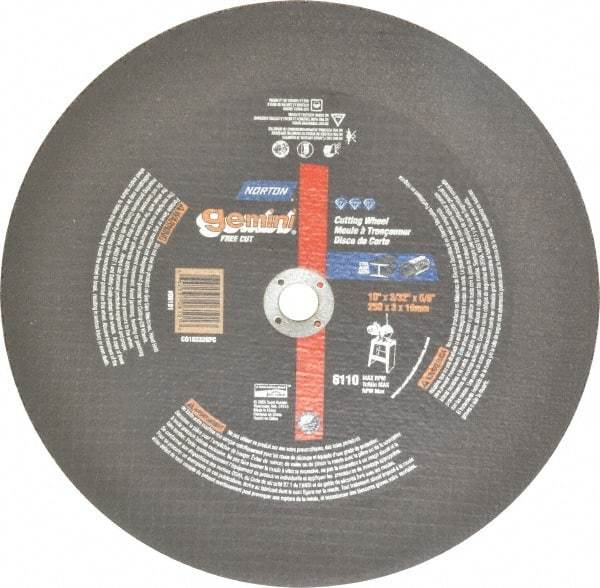 Norton - 10" 30 Grit Aluminum Oxide Cutoff Wheel - 3/32" Thick, 5/8" Arbor, 6,110 Max RPM, Use with Stationary Tools - Americas Industrial Supply