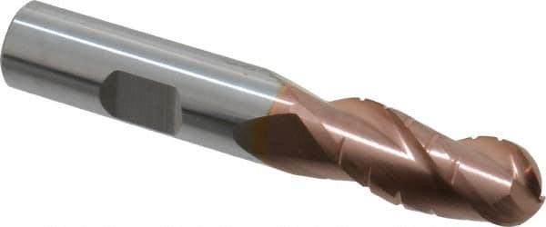 ProMax - 1/2" Diam, 1-1/4" LOC, 3 Flute Solid Carbide Roughing & Finishing Ball End Mill - TiCN Finish, 3" OAL, 1/2" Shank Diam, Weldon Shank, 35° Helix, Centercutting - Americas Industrial Supply