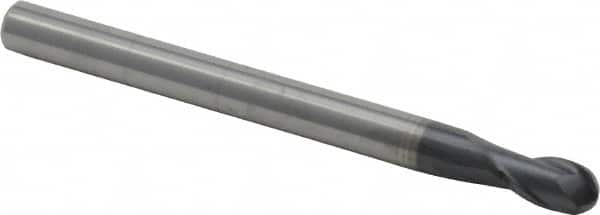 Ball End Mill: 0.125″ Dia, 0.188″ LOC, 2 Flute, Solid Carbide 1-1/2″ OAL, 1/8″ Shank Dia, 30 ° Helix, TiAlN Coated, Single End