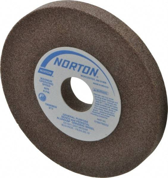 Norton - 60/80 Grit Aluminum Oxide Bench & Pedestal Grinding Wheel - 5" Diam x 1" Hole x 1/2" Thick, 4970 Max RPM, Medium Grade - Americas Industrial Supply