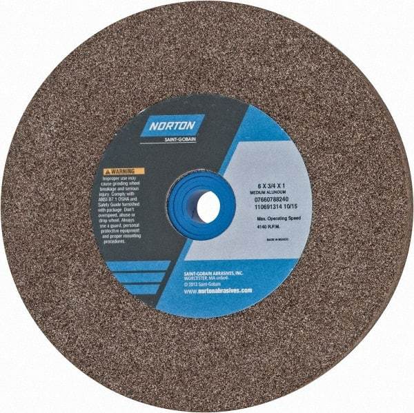 Norton - 60/80 Grit Aluminum Oxide Bench & Pedestal Grinding Wheel - 6" Diam x 1" Hole x 3/4" Thick, 4140 Max RPM, Medium Grade - Americas Industrial Supply