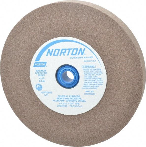 Norton - 100 Grit Aluminum Oxide Bench & Pedestal Grinding Wheel - 6" Diam x 1" Hole x 3/4" Thick, 4140 Max RPM, Fine Grade - Americas Industrial Supply