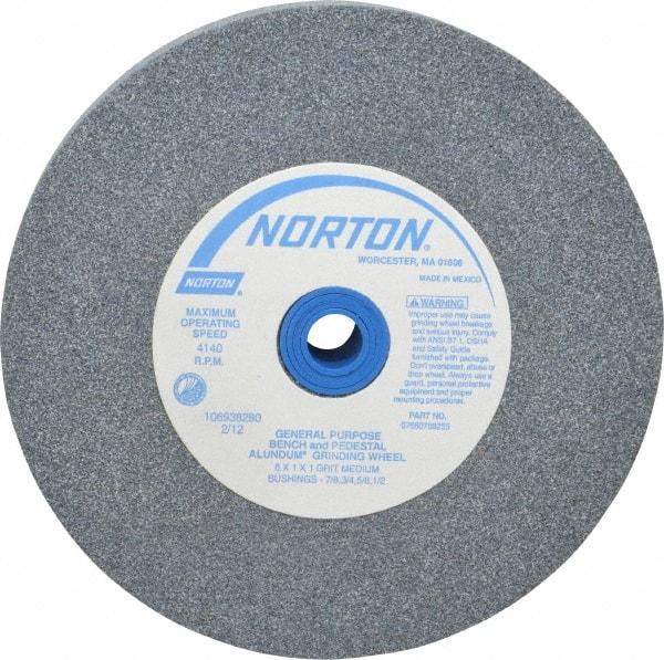 Norton - 60 Grit Aluminum Oxide Bench & Pedestal Grinding Wheel - 6" Diam x 1" Hole x 1" Thick, 4140 Max RPM, Medium Grade - Americas Industrial Supply