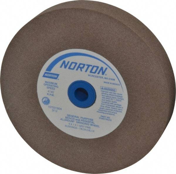 Norton - 100 Grit Aluminum Oxide Bench & Pedestal Grinding Wheel - 6" Diam x 1" Hole x 1" Thick, 4140 Max RPM, Fine Grade - Americas Industrial Supply