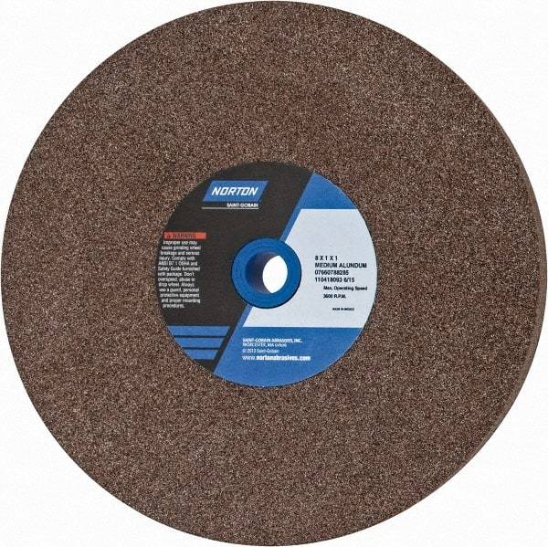 Norton - 60/80 Grit Aluminum Oxide Bench & Pedestal Grinding Wheel - 8" Diam x 1" Hole x 1" Thick, 3600 Max RPM, Medium Grade - Americas Industrial Supply