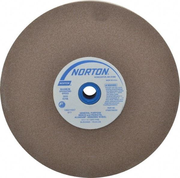 Norton - 100 Grit Aluminum Oxide Bench & Pedestal Grinding Wheel - 8" Diam x 1" Hole x 1" Thick, 3600 Max RPM, Fine Grade - Americas Industrial Supply