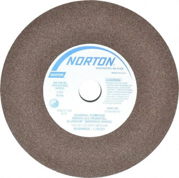 Norton - 60/80 Grit Aluminum Oxide Bench & Pedestal Grinding Wheel - 10" Diam x 1-1/4" Hole x 1" Thick, 2485 Max RPM, Medium Grade - Americas Industrial Supply