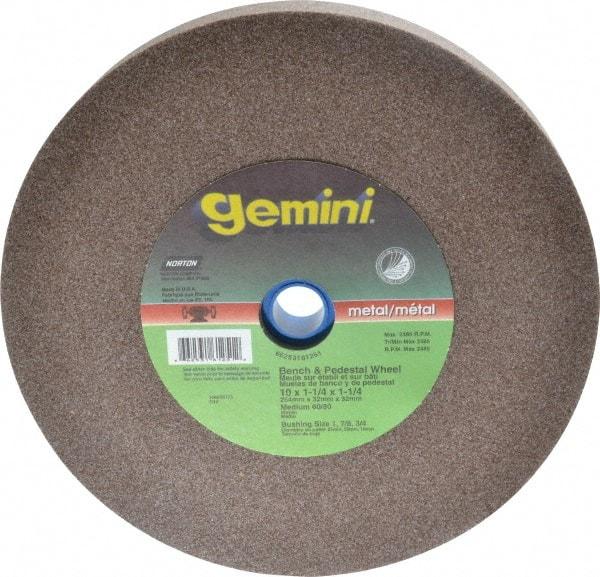 Norton - 60/80 Grit Aluminum Oxide Bench & Pedestal Grinding Wheel - 10" Diam x 1-1/4" Hole x 1-1/4" Thick, 2485 Max RPM, Medium Grade - Americas Industrial Supply