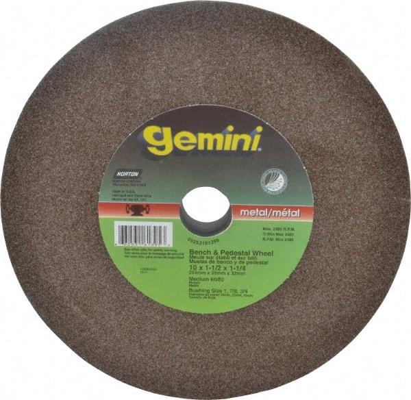 Norton - 60 Grit Aluminum Oxide Bench & Pedestal Grinding Wheel - 10" Diam x 1-1/4" Hole x 1-1/2" Thick, 2485 Max RPM, Medium Grade - Americas Industrial Supply