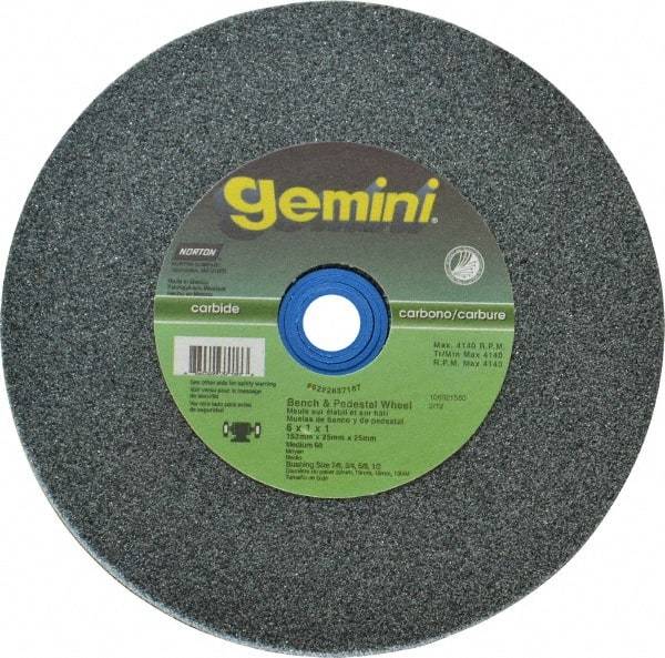 Norton - 60 Grit Silicon Carbide Bench & Pedestal Grinding Wheel - 6" Diam x 1" Hole x 1" Thick, 4140 Max RPM, Medium Grade - Americas Industrial Supply