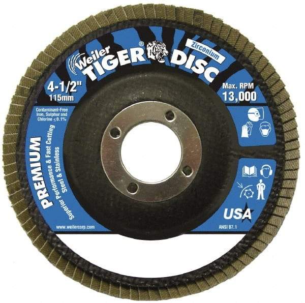 Weiler - 24 Grit, 4-1/2" Disc Diam, 7/8" Center Hole, Type 29 Zirconia Alumina Flap Disc - 13,000 Max RPM, Phenolic Backing, Quick Change Type S Attaching System, Coated - Americas Industrial Supply