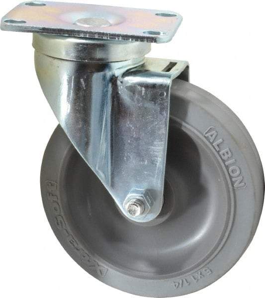 Albion - 5" Diam x 1-1/4" Wide x 6-3/16" OAH Top Plate Mount Swivel Caster - Rubber, 325 Lb Capacity, Ball Bearing, 2-1/2 x 3-5/8" Plate - Americas Industrial Supply