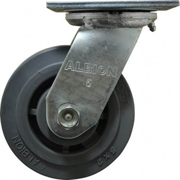 Albion - 5" Diam x 2" Wide x 6-1/2" OAH Top Plate Mount Swivel Caster - Soft Rubber, 350 Lb Capacity, Roller Bearing, 4 x 4-1/2" Plate - Americas Industrial Supply