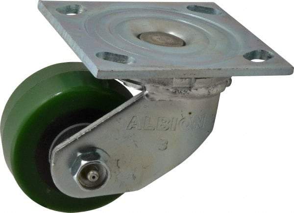 Albion - 3-1/4" Diam x 1-5/8" Wide x 4-1/4" OAH Top Plate Mount Swivel Caster - Polyurethane, 420 Lb Capacity, Roller Bearing, 4 x 4-1/2" Plate - Americas Industrial Supply