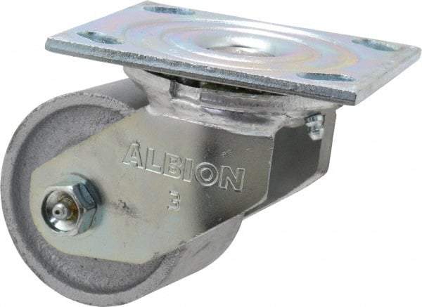 Albion - 3-1/4" Diam x 2-3/16" Wide x 4-1/4" OAH Top Plate Mount Swivel Caster - Cast Iron, 700 Lb Capacity, Roller Bearing, 4 x 4-1/2" Plate - Americas Industrial Supply