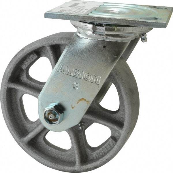 Albion - 6" Diam x 1-1/2" Wide x 7-1/4" OAH Top Plate Mount Swivel Caster - Cast Iron, 800 Lb Capacity, Roller Bearing, 4 x 4-1/2" Plate - Americas Industrial Supply