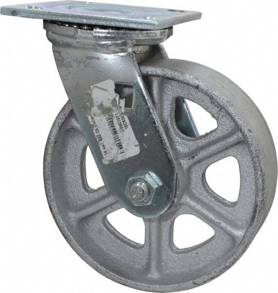 Albion - 6" Diam x 2" Wide x 7-1/4" OAH Top Plate Mount Swivel Caster - Cast Iron, 1,200 Lb Capacity, Roller Bearing, 4 x 4-1/2" Plate - Americas Industrial Supply