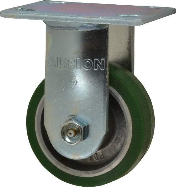 Albion - 4" Diam x 1-1/2" Wide x 5-5/8" OAH Top Plate Mount Rigid Caster - Polyurethane, 600 Lb Capacity, Roller Bearing, 4 x 4-1/2" Plate - Americas Industrial Supply