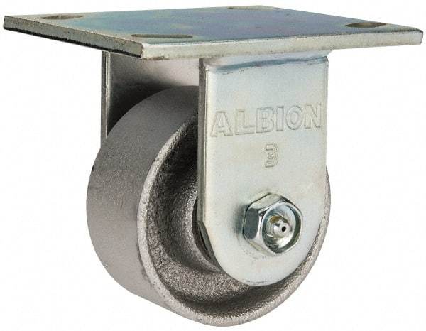 Albion - 3-1/4" Diam x 1-1/2" Wide x 4-1/4" OAH Top Plate Mount Rigid Caster - Cast Iron, 400 Lb Capacity, Roller Bearing, 4 x 4-1/2" Plate - Americas Industrial Supply