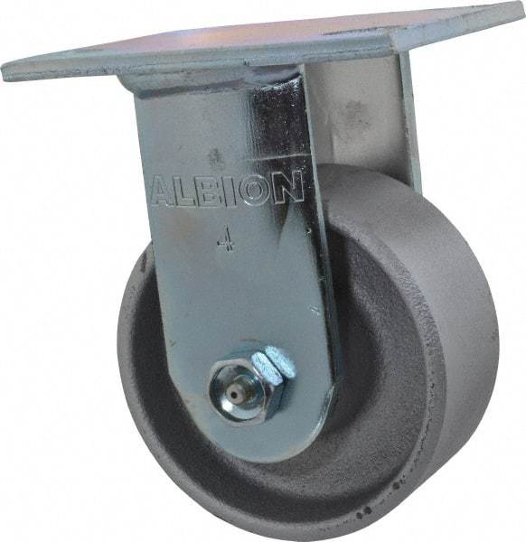 Albion - 4" Diam x 2" Wide x 5-5/8" OAH Top Plate Mount Rigid Caster - Cast Iron, 700 Lb Capacity, Roller Bearing, 4 x 4-1/2" Plate - Americas Industrial Supply