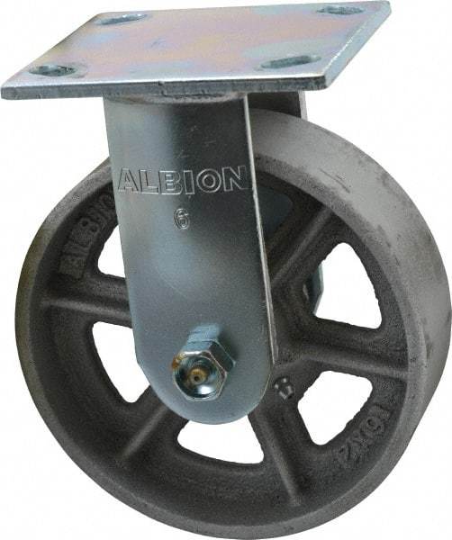 Albion - 6" Diam x 2" Wide x 7-1/4" OAH Top Plate Mount Rigid Caster - Cast Iron, 900 Lb Capacity, Roller Bearing, 4 x 4-1/2" Plate - Americas Industrial Supply