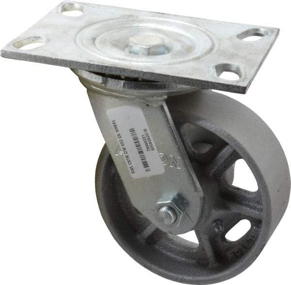 Albion - 5" Diam x 2" Wide x 6-1/2" OAH Top Plate Mount Swivel Caster - Cast Iron, 1,000 Lb Capacity, Roller Bearing, 4-1/2 x 6-1/4" Plate - Americas Industrial Supply