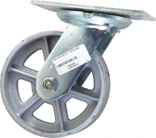 Albion - 6" Diam x 2" Wide x 7-1/2" OAH Top Plate Mount Swivel Caster - Cast Iron, 1,200 Lb Capacity, Roller Bearing, 4-1/2 x 6-1/4" Plate - Americas Industrial Supply