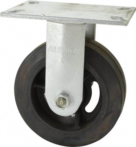 Albion - 6" Diam x 2" Wide x 7-1/2" OAH Top Plate Mount Rigid Caster - Rubber, 1,400 Lb Capacity, Roller Bearing, 4-1/2 x 6-1/4" Plate - Americas Industrial Supply
