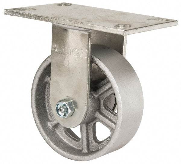 Albion - 5" Diam x 2" Wide x 6-1/2" OAH Top Plate Mount Rigid Caster - Cast Iron, 1,400 Lb Capacity, Roller Bearing, 4-1/2 x 6-1/4" Plate - Americas Industrial Supply