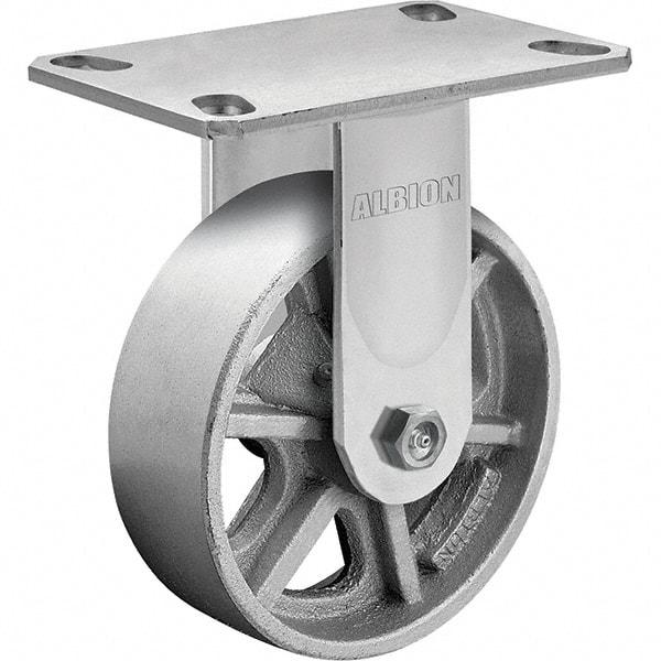Albion - 8" Diam x 2" Wide x 10-1/8" OAH Top Plate Mount Rigid Caster - Cast Iron, 1,400 Lb Capacity, Roller Bearing, 4-1/2 x 6-1/4" Plate - Americas Industrial Supply