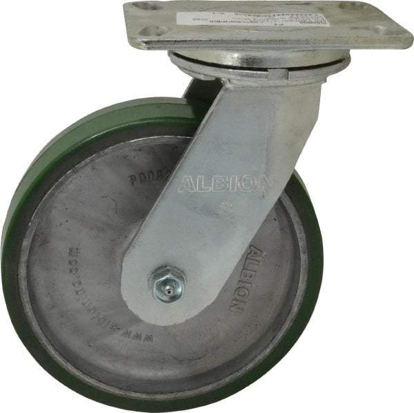 Albion - 8" Diam x 2" Wide x 10-1/8" OAH Top Plate Mount Swivel Caster - Polyurethane, 1,500 Lb Capacity, Roller Bearing, 4-1/2 x 6-1/4" Plate - Americas Industrial Supply