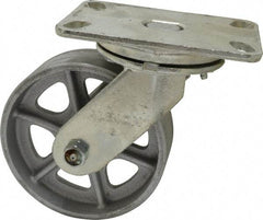 Albion - 6" Diam x 2" Wide x 7-1/2" OAH Top Plate Mount Swivel Caster - Cast Iron, 1,200 Lb Capacity, Roller Bearing, 4-1/2 x 6-1/4" Plate - Americas Industrial Supply