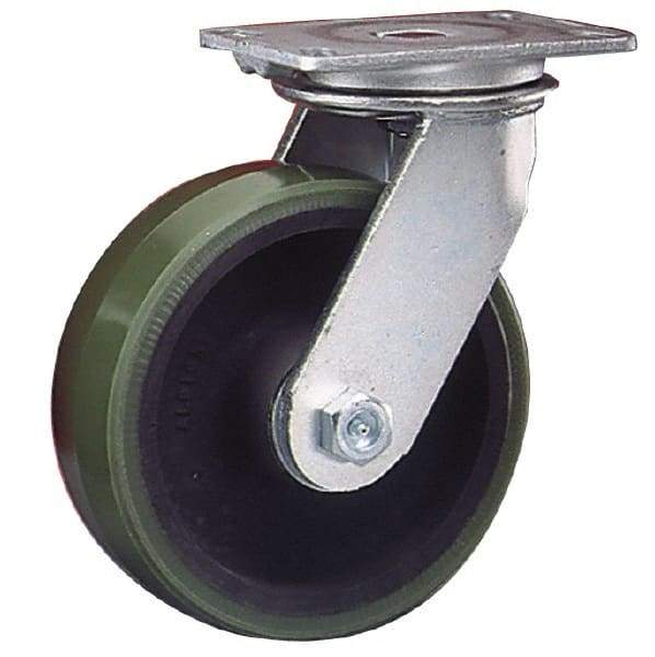 Albion - 8" Diam x 3" Wide x 10-1/8" OAH Top Plate Mount Swivel Caster - Cast Iron, 2,000 Lb Capacity, Roller Bearing, 4-1/2 x 6-1/4" Plate - Americas Industrial Supply