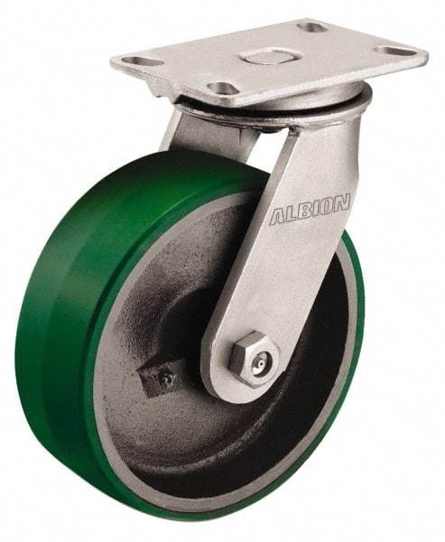 Albion - 12" Diam x 2-1/2" Wide x 13-1/2" OAH Top Plate Mount Swivel Caster - Polyurethane, 2,000 Lb Capacity, Roller Bearing, 4-1/2 x 6-1/4" Plate - Americas Industrial Supply