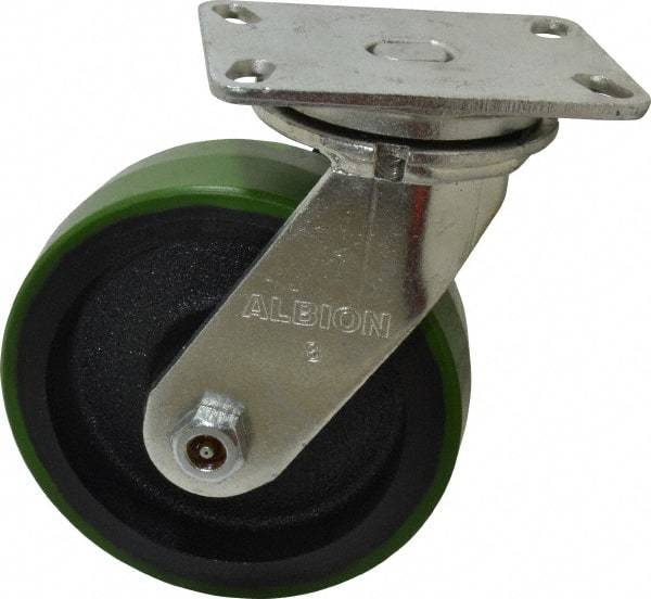 Albion - 8" Diam x 2-1/2" Wide x 10-1/8" OAH Top Plate Mount Swivel Caster - Polyurethane, 2,000 Lb Capacity, Roller Bearing, 4-1/2 x 6-1/4" Plate - Americas Industrial Supply