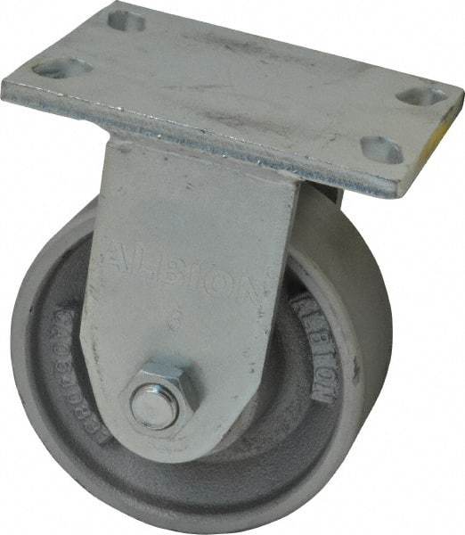 Albion - 6" Diam x 2-1/2" Wide x 7-5/8" OAH Top Plate Mount Rigid Caster - Cast Iron, 2,000 Lb Capacity, Roller Bearing, 5 x 6-1/4" Plate - Americas Industrial Supply