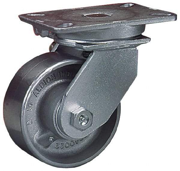 Albion - 10" Diam x 3" Wide x 12-1/2" OAH Top Plate Mount Swivel Caster - Cast Iron, 2,800 Lb Capacity, Roller Bearing, 5-1/4 x 7-1/4" Plate - Americas Industrial Supply