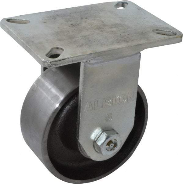 Albion - 6" Diam x 2-1/2" Wide x 8" OAH Top Plate Mount Rigid Caster - Forged Steel, 3,500 Lb Capacity, Roller Bearing, 5 x 7-1/4" Plate - Americas Industrial Supply