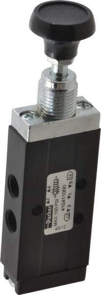Parker - 0.20 CV Rate, 1/8" NPT Inlet Direct Air 2 Mechanical Spool Valve - 4 Way, 2 Position, 150 Max psi, Button Spring Return - Americas Industrial Supply