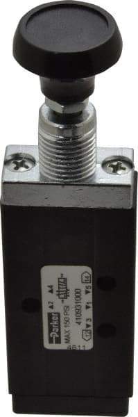 Parker - 0.20 CV Rate, 1/8" NPT Inlet Direct Air 2 Mechanical Spool Valve - 4 Way, 2 Position, 150 Max psi, Button Push Pull - Americas Industrial Supply