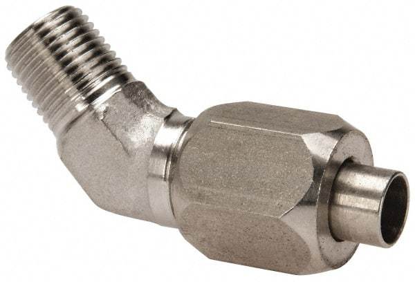Made in USA - 1" Tube OD, 37° Stainless Steel Flared Tube Male 45° Elbow - 1-11-1/2 NPTF, Flare x MNPTF Ends - Americas Industrial Supply