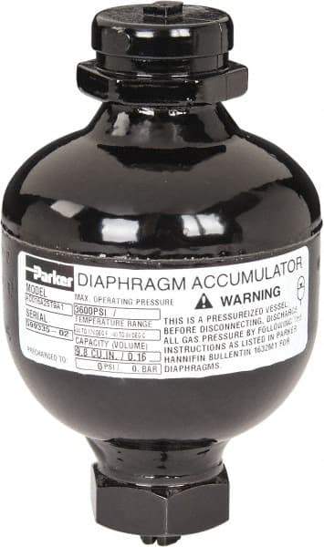 Parker - 10 Lb. Capacity, 3,620 psi Max Working Pressure, 4.69" High, Hydrin Diaphragm Accumulator - 2.95" Diam, 6 SAE Port Thread - Americas Industrial Supply