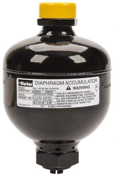 Parker - 30 Lb. Capacity, 3,045 psi Max Working Pressure, 5.94" High, Hydrin Diaphragm Accumulator - 4.2" Diam, 8 SAE Port Thread - Americas Industrial Supply