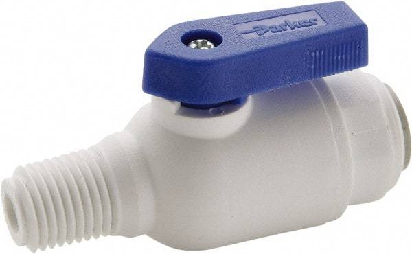 Parker - 1/4" Pipe, Full Port, Polypropylene Valve Male Connector Ball Valve - Bi-Directional, MNPT x Push-to-Connect Ends, Wedge Handle, 150 WOG - Americas Industrial Supply